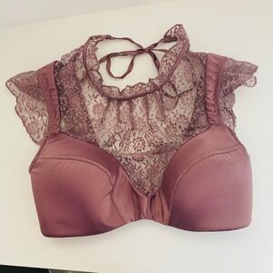 Victorias Secret Dream Angel Plunge Bra Lace MockNeck Ruffle Cap Sleeve Tie Back